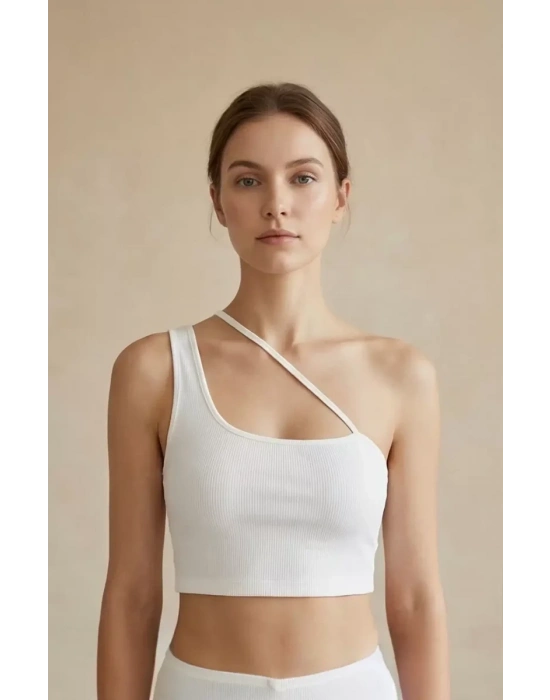 Kadın Beyaz Tek Omuzlu Çapraz Askılı Crop Top Büstiyer