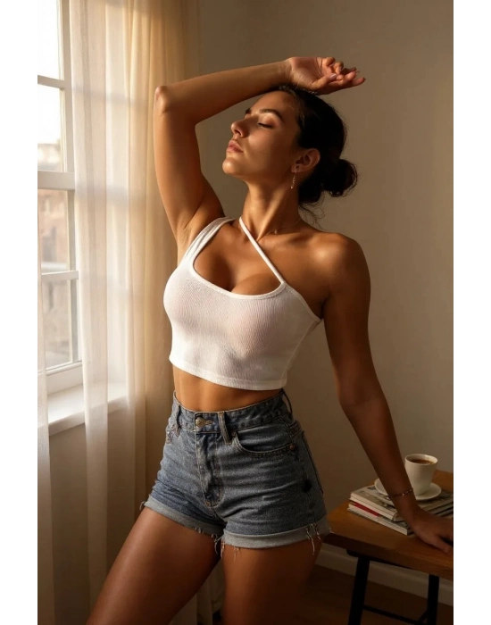 Kadın Beyaz Tek Omuzlu Çapraz Askılı Crop Top Büstiyer