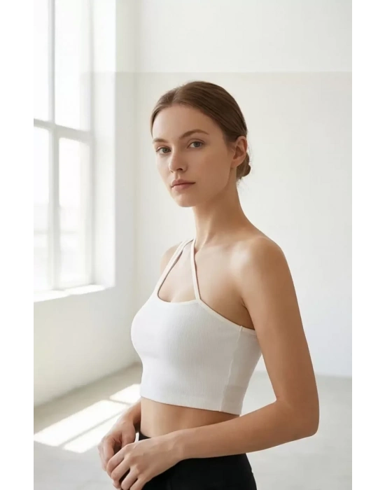 Kadın Beyaz Tek Omuzlu Çapraz Askılı Crop Top Büstiyer