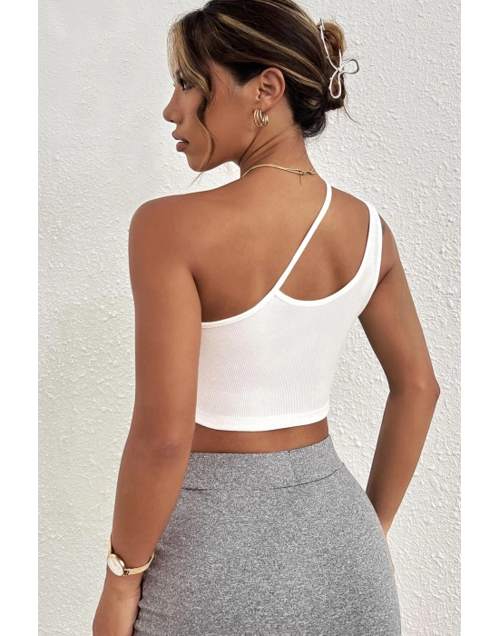 Kadın Beyaz Tek Omuzlu Çapraz Askılı Crop Top Büstiyer