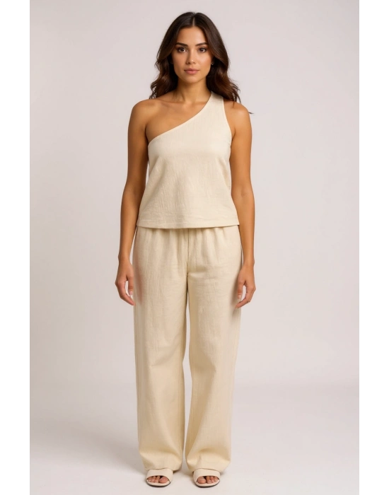 Kadın Beyaz Tek Omuzlu Şık Bluz & Geniş Paça Pantolon İkili Takım