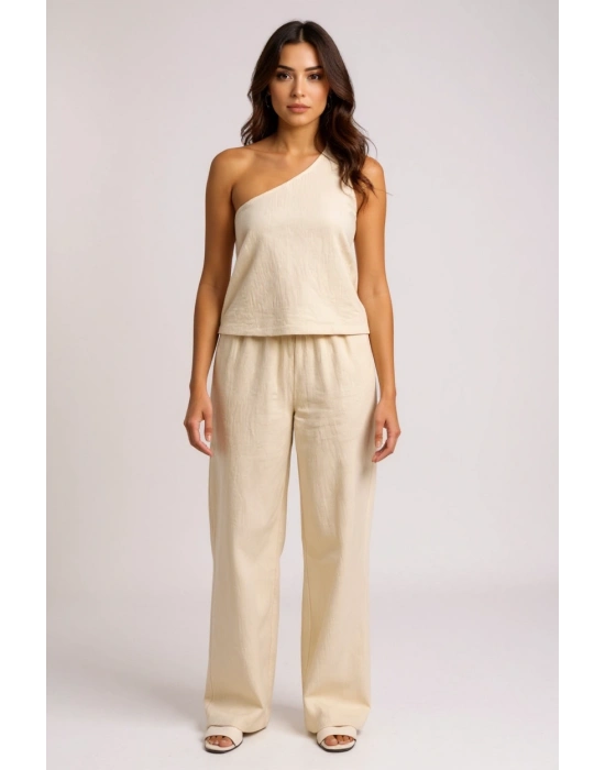 Kadın Beyaz Tek Omuzlu Şık Bluz & Geniş Paça Pantolon İkili Takım