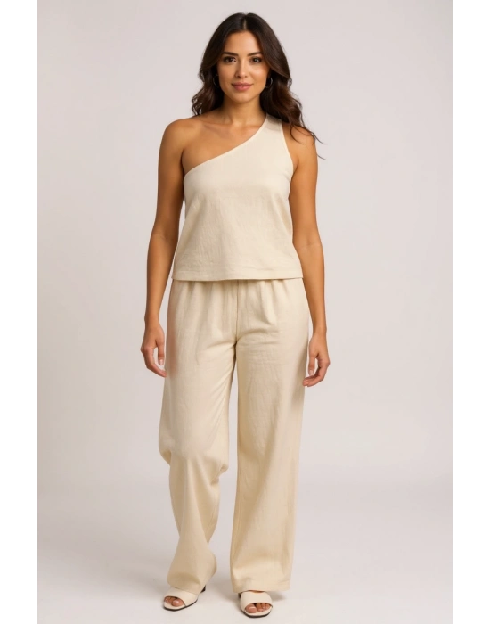 Kadın Beyaz Tek Omuzlu Şık Bluz & Geniş Paça Pantolon İkili Takım