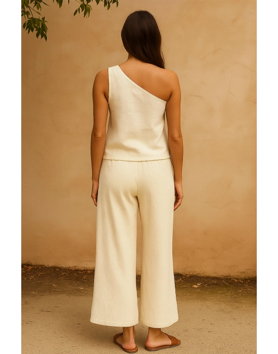 Kadın Beyaz Tek Omuzlu Şık Bluz & Geniş Paça Pantolon İkili Takım