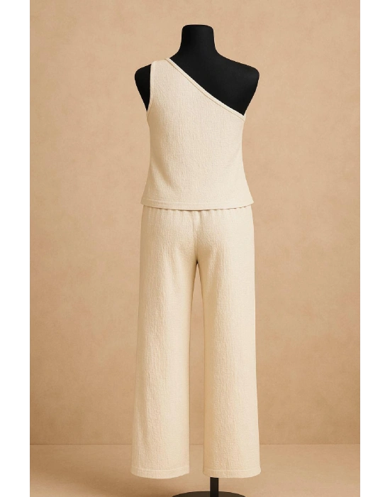 Kadın Beyaz Tek Omuzlu Şık Bluz & Geniş Paça Pantolon İkili Takım