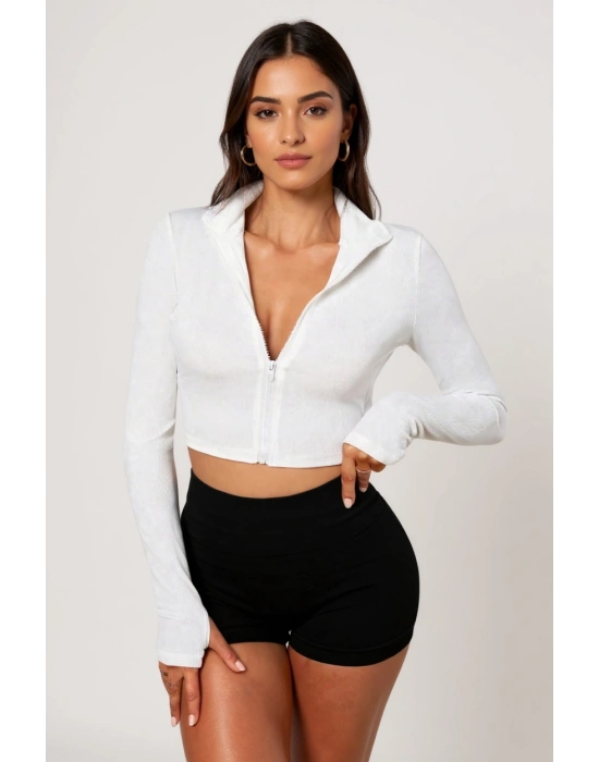 Kadın Beyaz Uzun Kol Fermuarlı Parmak Geçme Detaylı Dik Yaka Crop Top Bluz