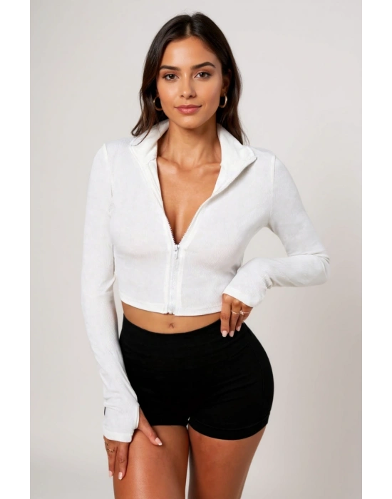 Kadın Beyaz Uzun Kol Fermuarlı Parmak Geçme Detaylı Dik Yaka Crop Top Bluz