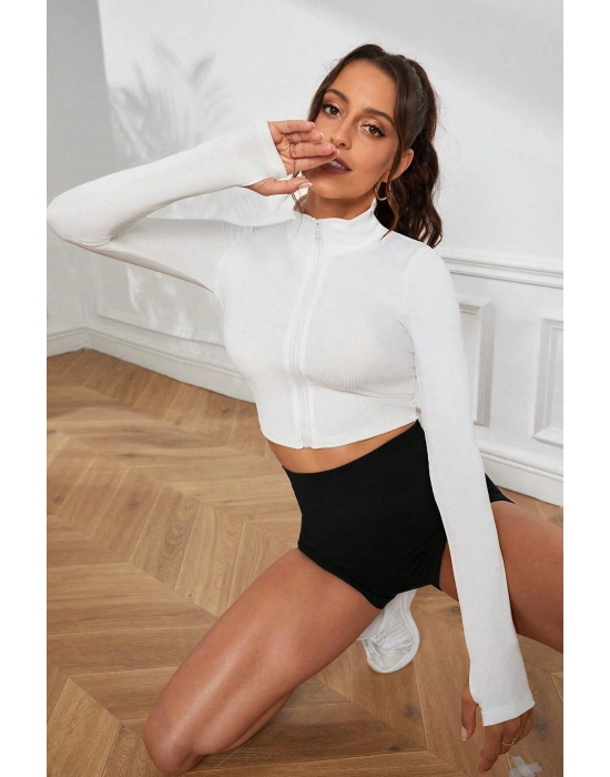 Kadın Beyaz Uzun Kol Fermuarlı Parmak Geçme Detaylı Dik Yaka Crop Top Bluz