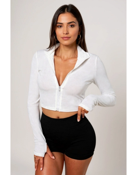 Kadın Beyaz Uzun Kol Fermuarlı Parmak Geçme Detaylı Dik Yaka Crop Top Bluz