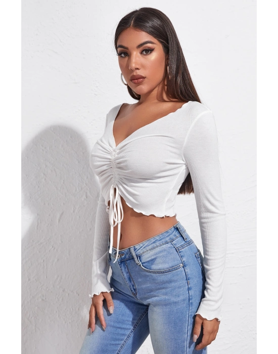 Kadın Beyaz Uzun Kollu Büzdürme Bağcık Detaylı Crop Top Bluz – Şık, Rahat ve Kolay Kombinlenebilir