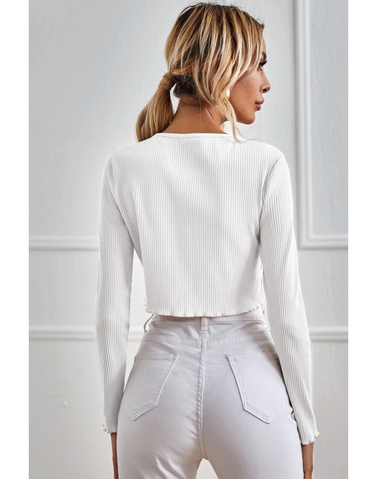 Kadın Beyaz Uzun Kollu Önden Bağlama Detaylı Crop Top Bluz