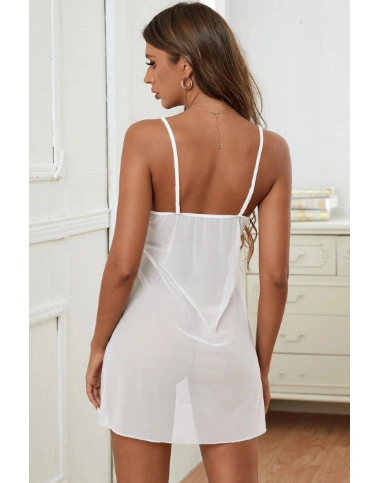 Kadın Beyaz V Yaka Dantel Detaylı Tül Gecelik