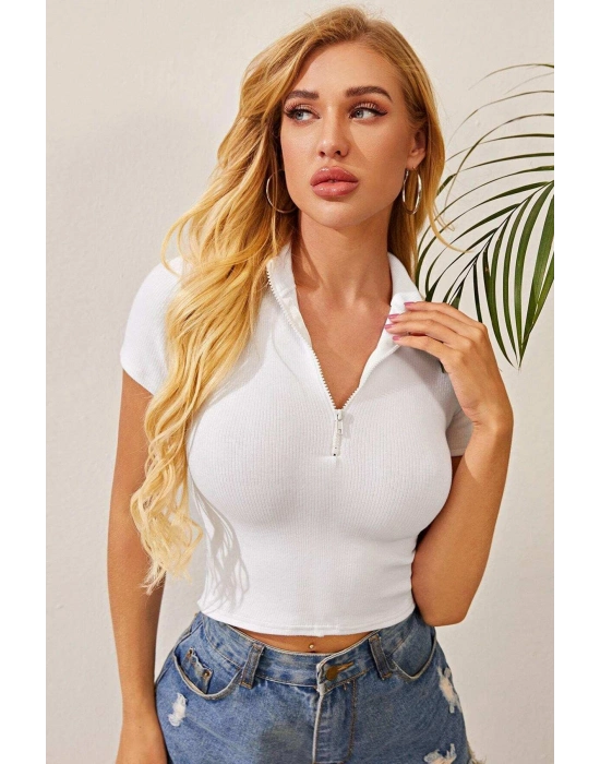 Kadın Beyaz Yarım Fermuarlı ve Kısa Kollu Crop Top Bluz
