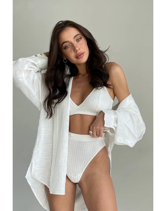 Kadın Beyaz Yüksek Bel Dolgusuz Slip Takım