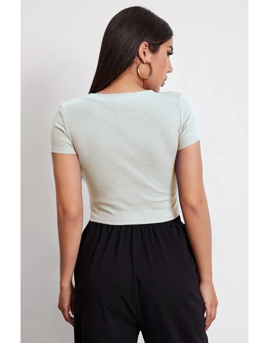 Kadın Beyaz Yuvarlak Yaka Yarım Kol Crop Top Bluz