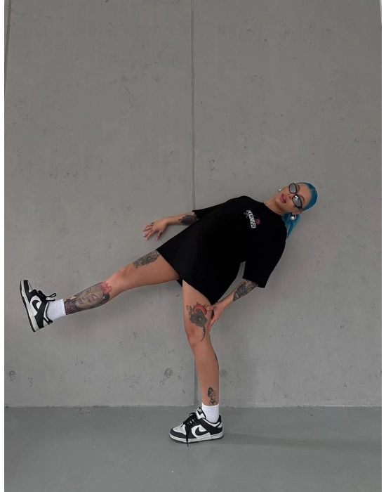 Kadın Bisiklet Yaka Baskılı kısa kol Oversize T-Shirt - Siyah