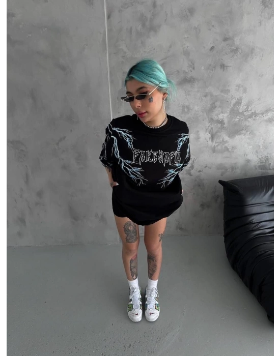 Kadın Bisiklet Yaka Baskılı  Kısa kol Oversize T-Shirt - Siyah