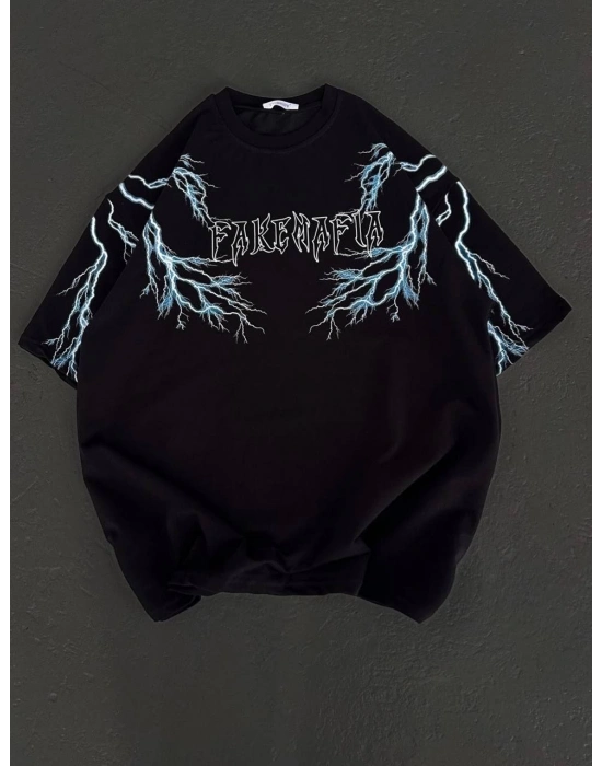 Kadın Bisiklet Yaka Baskılı  Kısa kol Oversize T-Shirt - Siyah