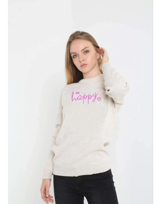 Kadın Bisiklet Yaka Kazak Baskılı Dokuma Triko - Bej