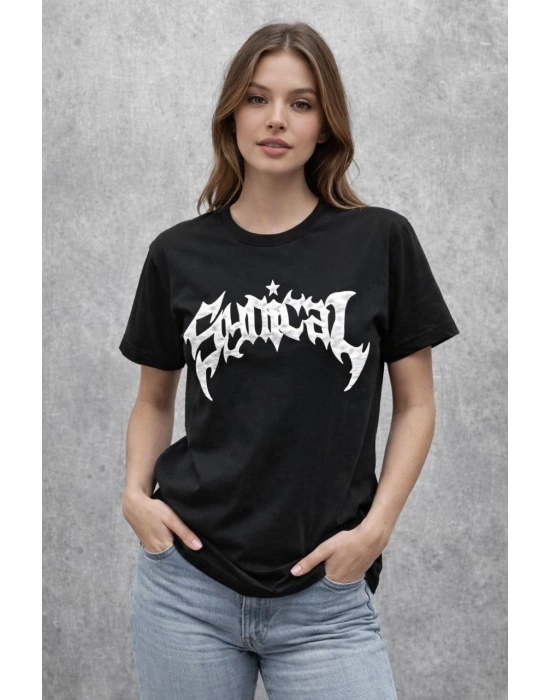 Kadın Bisiklet Yaka Ön Baskılı  Kısa Kollu Tişört Streetwear Günlük Basic Pamuklu T-shirt - Siyah
