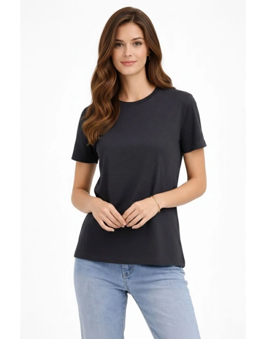 Kadın Bisiklet Yaka Tişört Regular Kalıp Basic Pamuklu Günlük Kullanım T-shirt - Füme