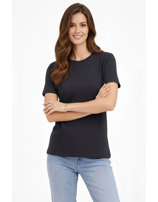 Kadın Bisiklet Yaka Tişört Regular Kalıp Basic Pamuklu Günlük Kullanım T-shirt - Füme