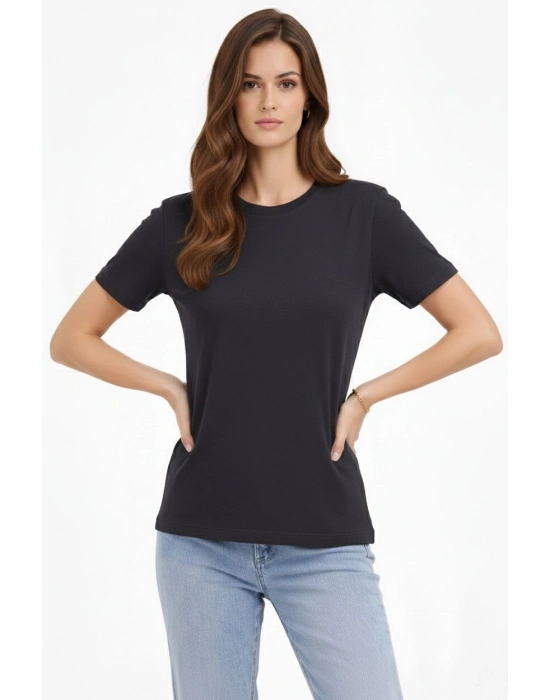 Kadın Bisiklet Yaka Yazlık Kısa kol Düz Tişört Regular Kalıp T-shirt - Füme