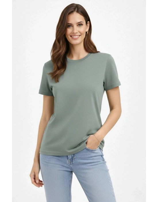 Kadın Bisiklet Yaka Yazlık Kısa kol Düz Tişört Regular Kalıp T-shirt - Mint Yeşili