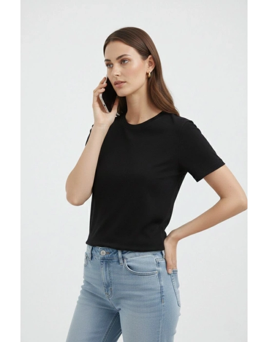 Kadın Bisiklet Yaka Tişört Regular Kalıp Basic Pamuklu Günlük Kullanım T-shirt - Siyah