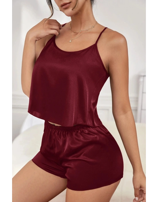 Kadın Bordo Asimetrik Sırt Dekolte Detaylı Şık Şortlu Gecelik Takım