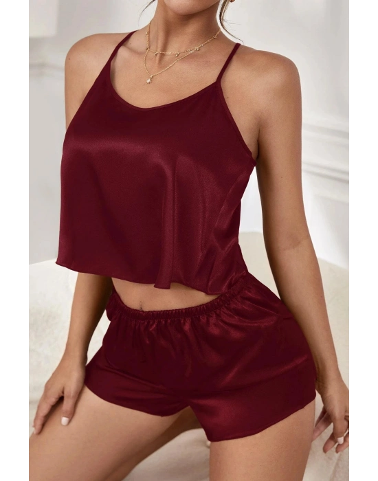 Kadın Bordo Asimetrik Sırt Dekolte Detaylı Şık Şortlu Gecelik Takım