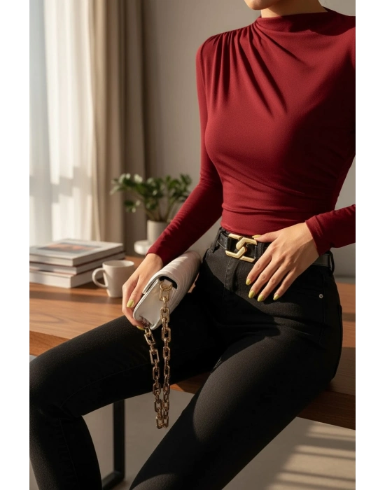 Kadın Bordo Belden ve Boyundan Büzgü Detaylı Uzun Kollu Bluz