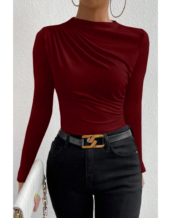 Kadın Bordo Belden ve Boyundan Büzgü Detaylı Uzun Kollu Bluz