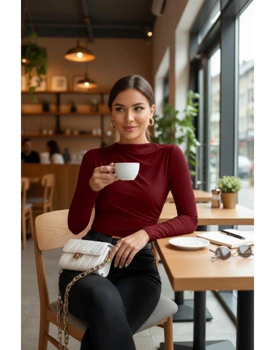 Kadın Bordo Belden ve Boyundan Büzgü Detaylı Uzun Kollu Bluz