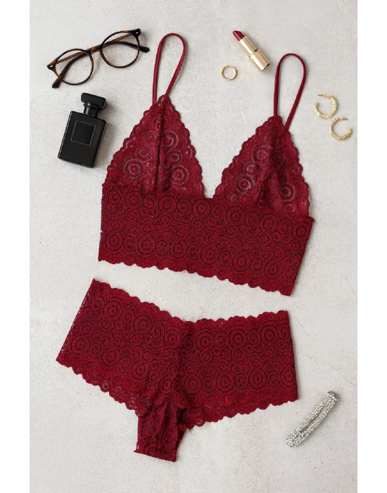 Kadın Bordo Dantel Bralet Şort Takımı – Asil ve Sofistike İç Giyim