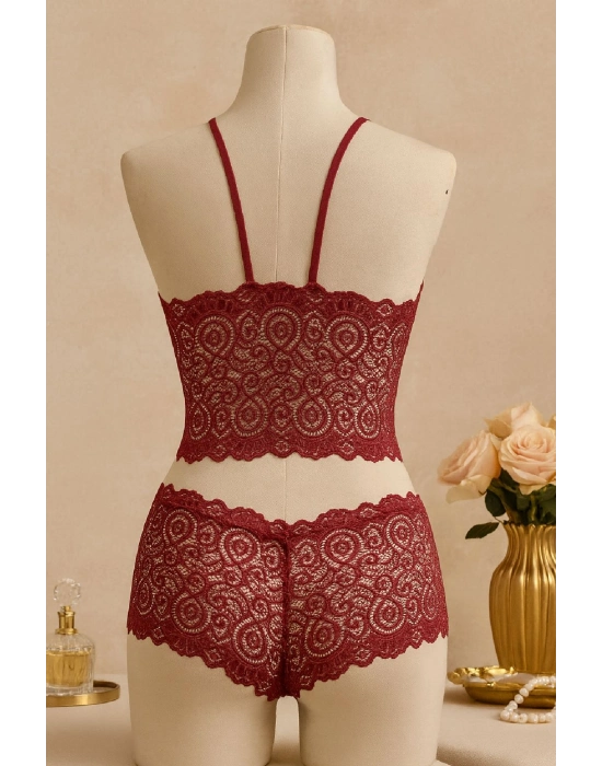 Kadın Bordo Dantel Bralet Şort Takımı – Asil ve Sofistike İç Giyim