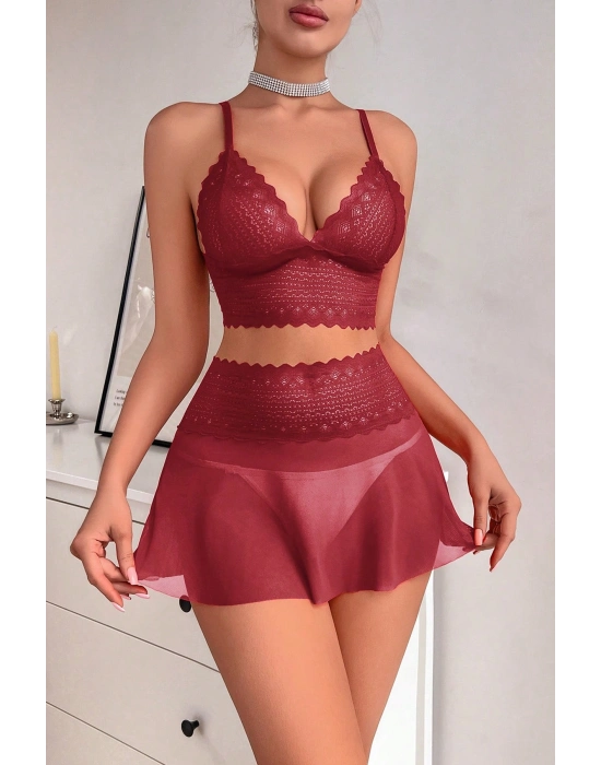 Kadın Bordo Dantel ve Tül Detaylı Etekli Şık Gecelik Takımı