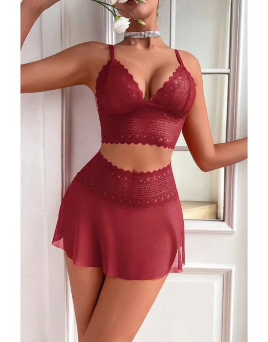 Kadın Bordo Dantel ve Tül Detaylı Etekli Şık Gecelik Takımı