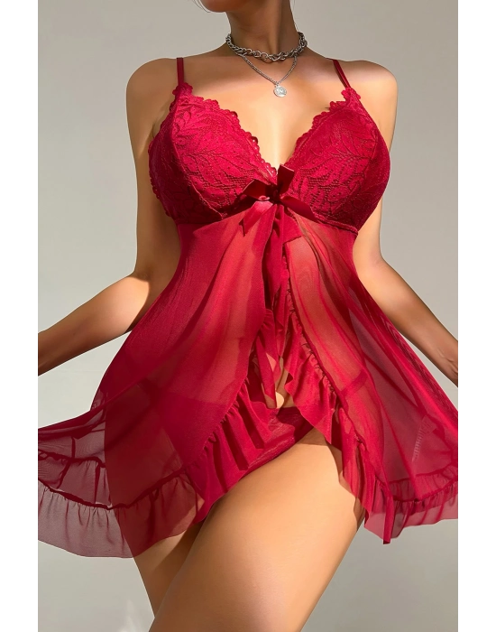 Kadın Bordo Dantelli, Fırfırlı Tül ve Fiyonk Detaylı Tangalı Gecelik Takımı