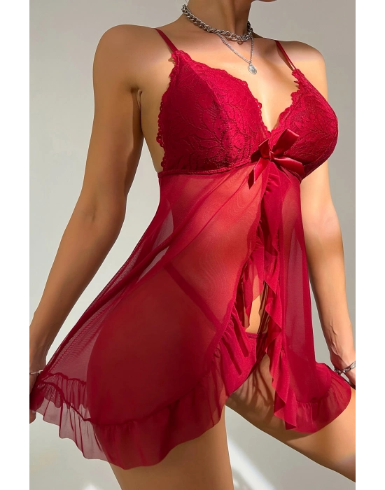 Kadın Bordo Dantelli, Fırfırlı Tül ve Fiyonk Detaylı Tangalı Gecelik Takımı