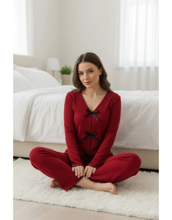 Kadın Bordo Fiyonklu İç Çamaşırı ve Uzun Kollu V Yaka Pijama Takımı 4lü Set