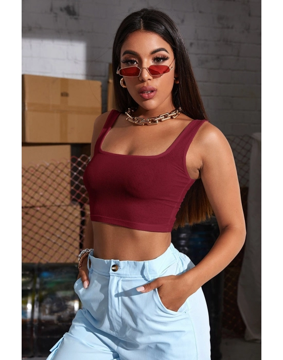 Kadın Bordo Kalın Askılı Crop Top Büstiyer