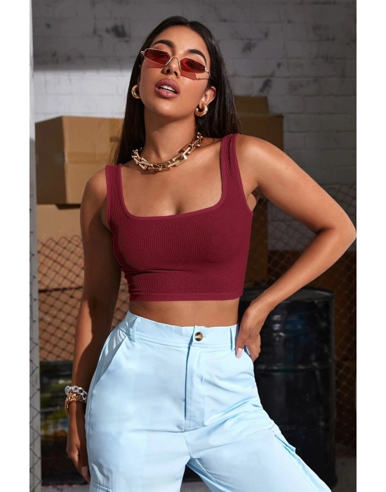 Kadın Bordo Kalın Askılı Crop Top Büstiyer – Modern ve Şık Tasarım