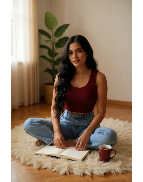 Kadın Bordo Kare Yaka Crop Top Bluz – Şık, Rahat ve Kolay Kombinlenebilir