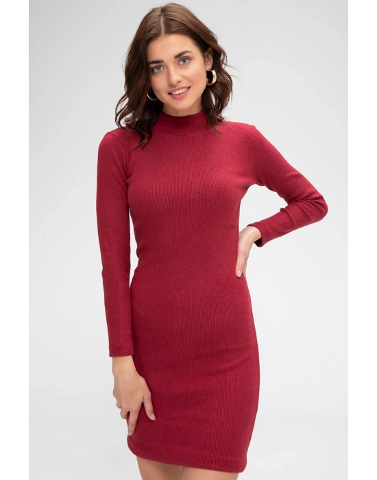 Kadın Bordo Kaşkorse Balıkçı Yaka Uzun Kollu Bodycon Mini Elbise