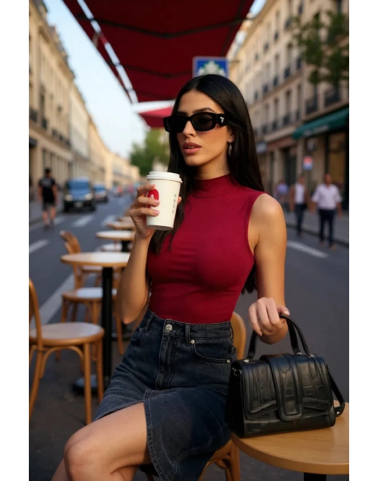 Kadın Bordo Kolsuz Balıkçı Yaka Basic Bluz