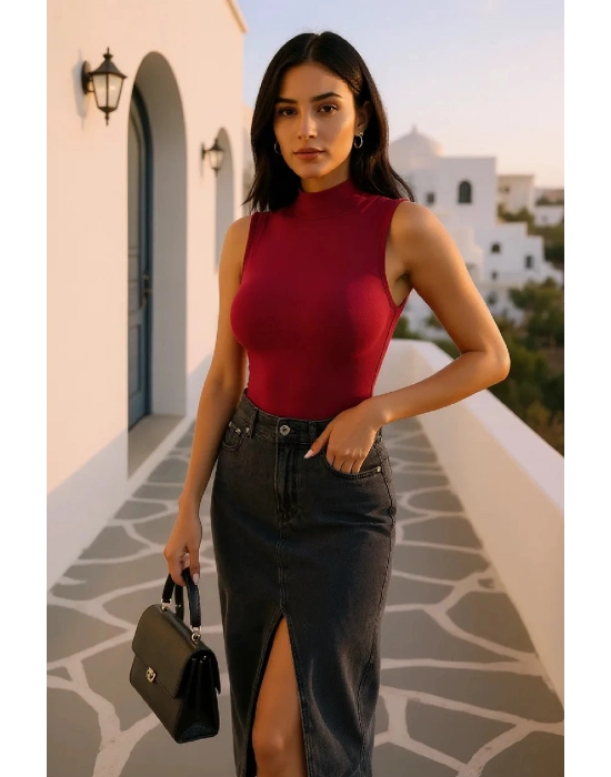 Kadın Bordo Kolsuz Balıkçı Yaka Basic Bluz