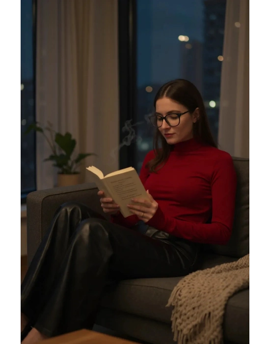 Kadın Bordo Parmak Detaylı Esnek Uzun Kollu Body