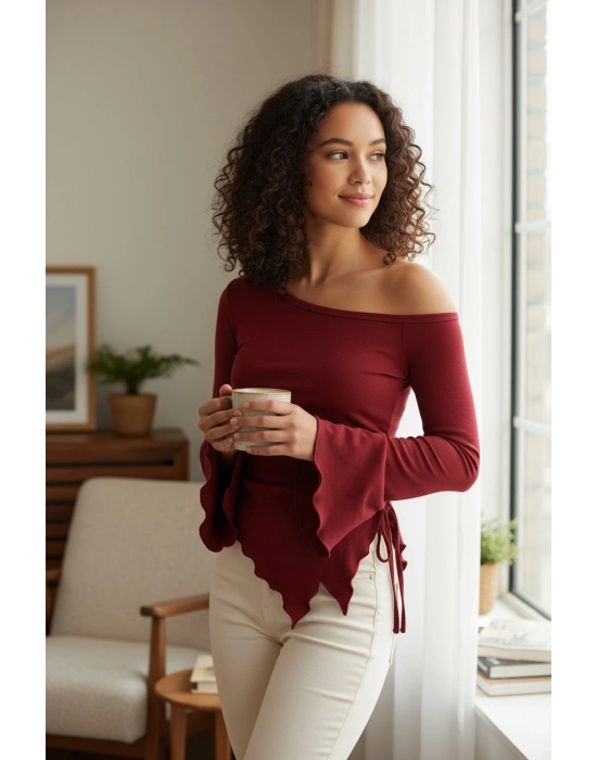 Kadın Bordo Uzun İspanyol Kollu Asimetirik Yaka Yandan Bağlamalı Drapeli Bluz