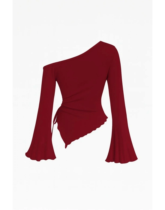 Kadın Bordo Uzun İspanyol Kollu Asimetirik Yaka Yandan Bağlamalı Drapeli Bluz